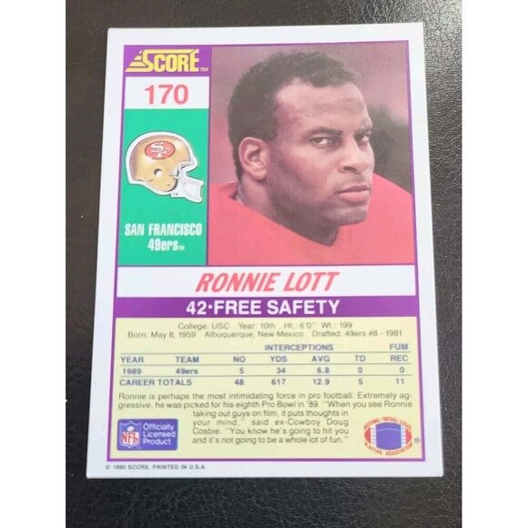 1990 Score - #170 Ronnie Lott - Picture 2 of 10